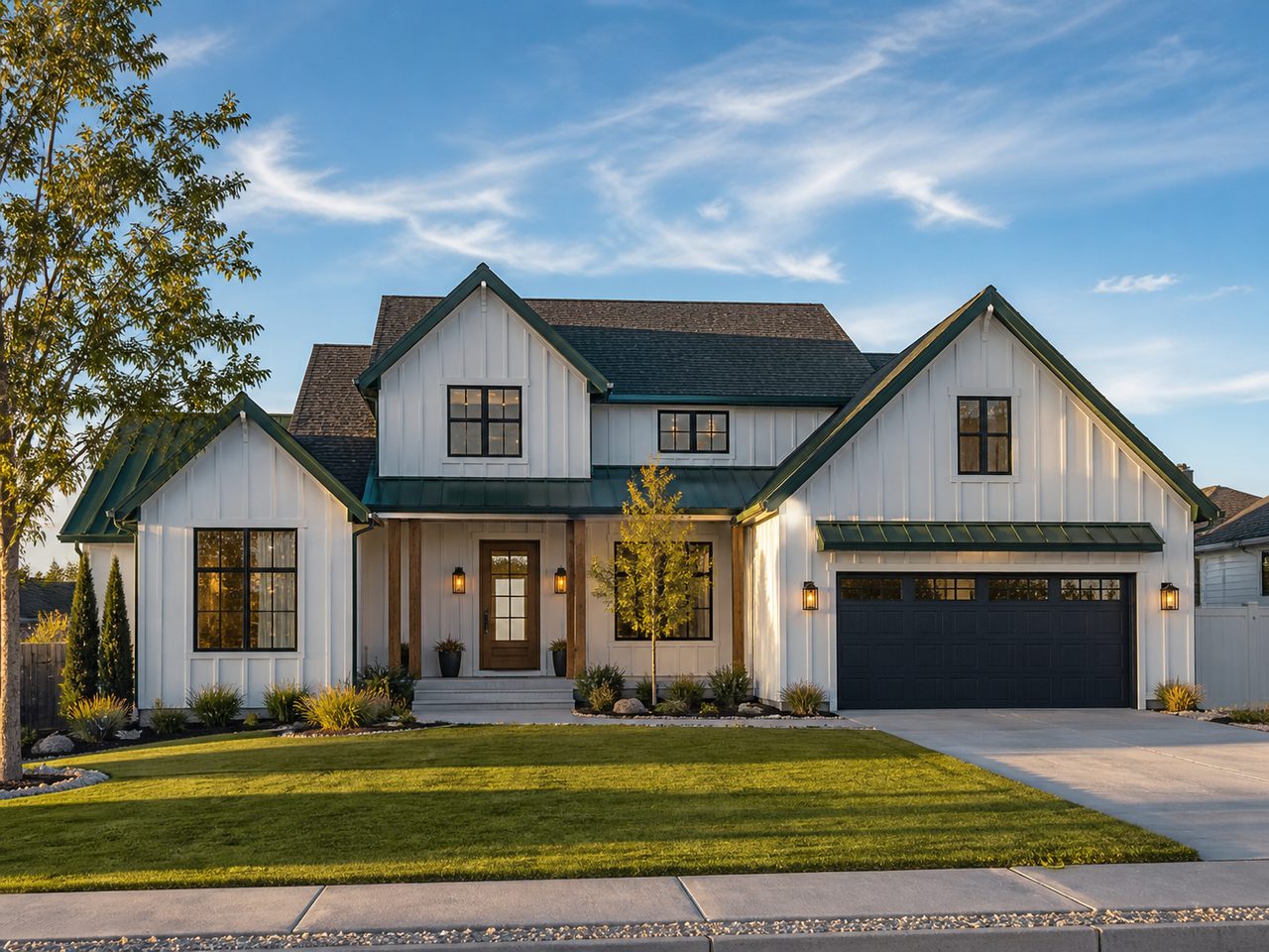Modern Utah farmhouse with dark green metal roof accents and clean shingle field