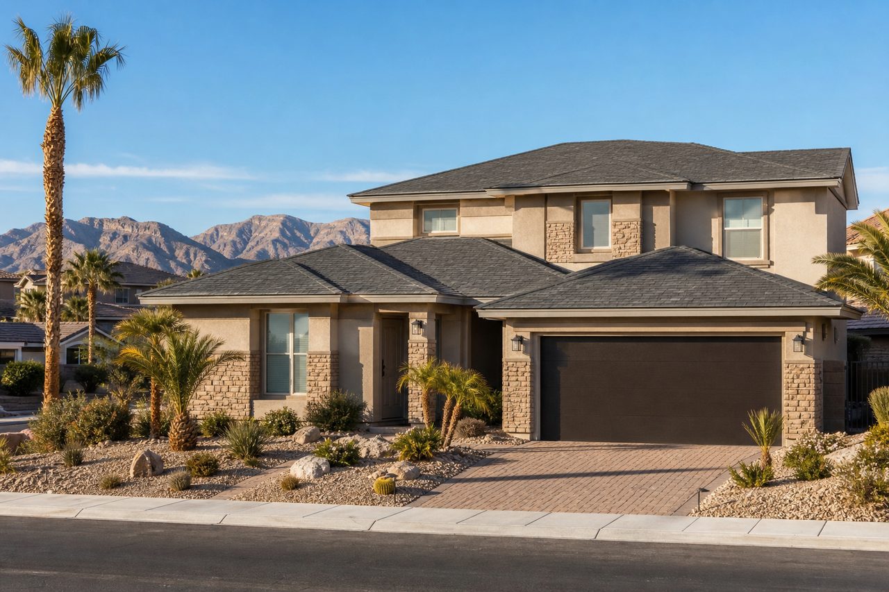Two-story Henderson, Nevada home with a new architectural shingle roof and desert landscaping