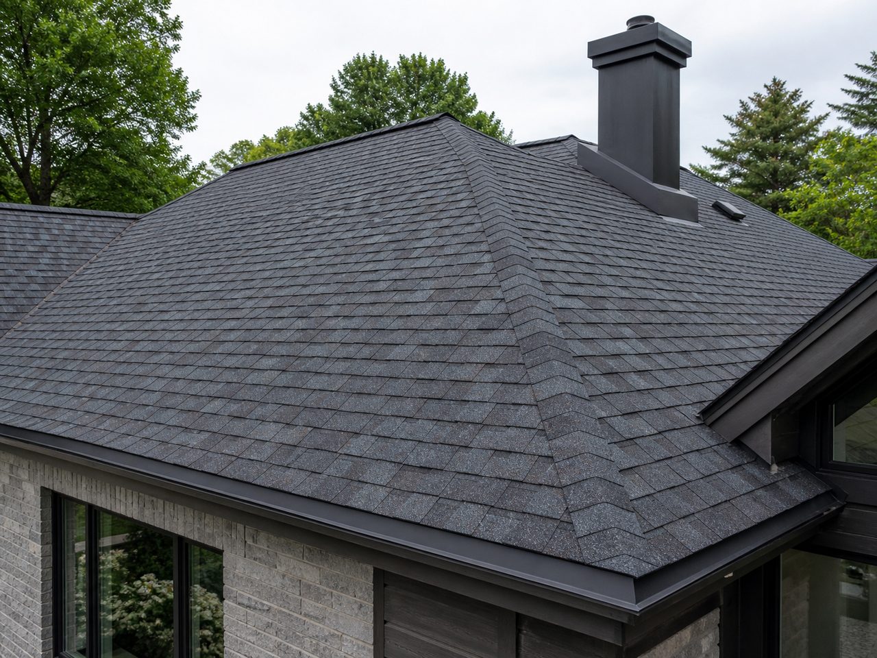 Crisp dark architectural shingle roof on a finished home